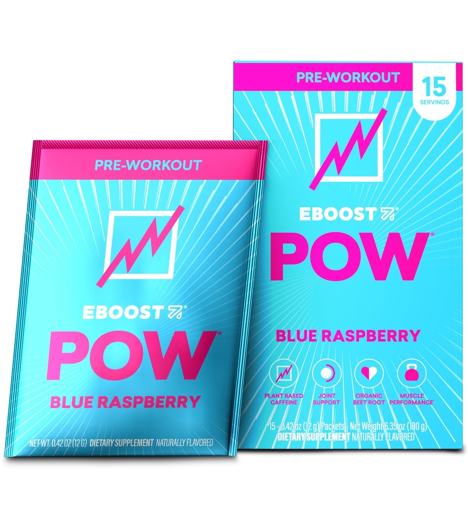 Polvere naturale pre allenamento EBOOST POW - 15 pacchetti, Blue Raspberry - Preworkout Energy Booster Gym Supplement Drink Mix per gli uomini e le donne - Performance, Joint Mobility Support - Gluten-Free