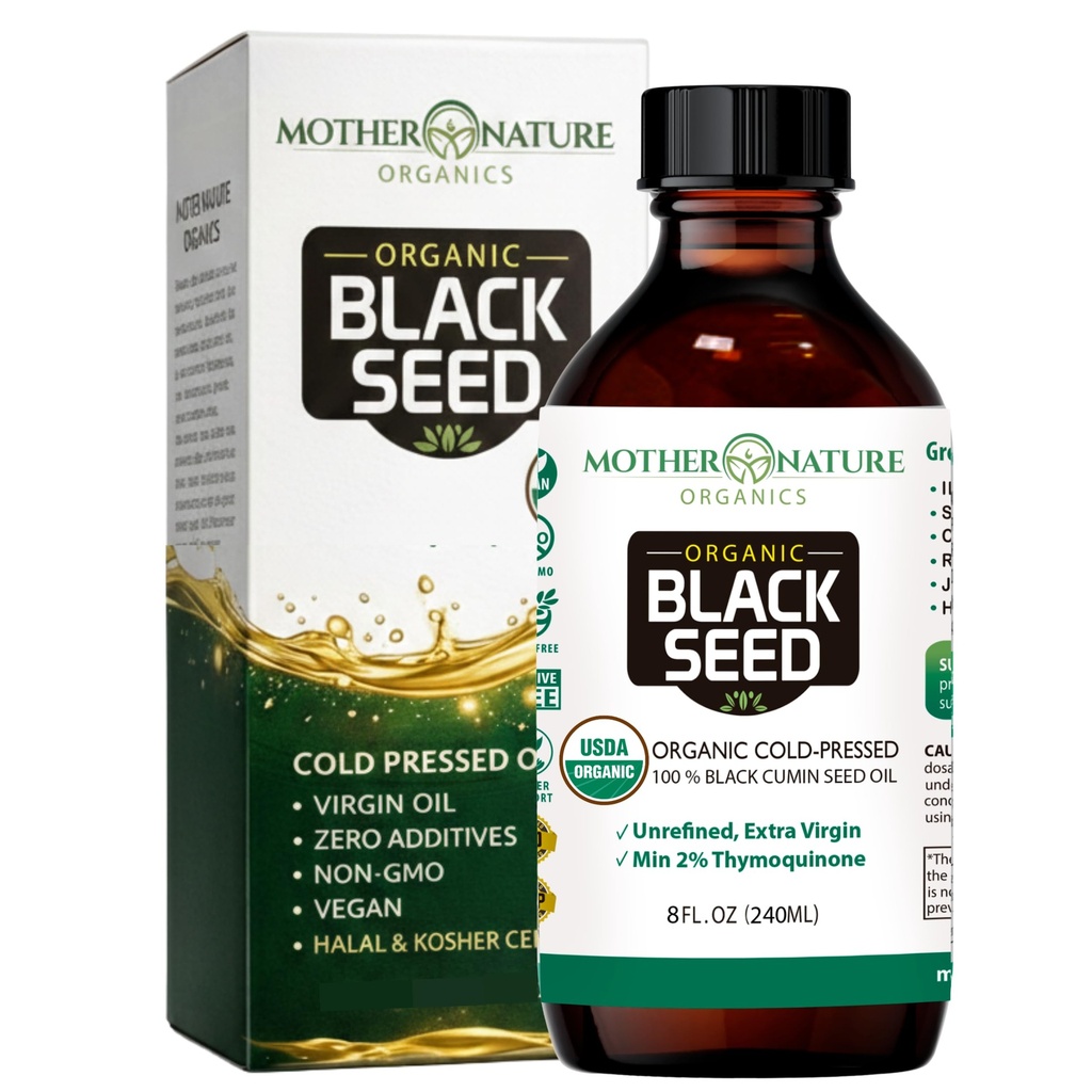 Madre Natura USDA Organic Black Seed Oil, Alto TQ 2%, Pressato a freddo, Non raffinato Nigella Sativa, Omega 3 6 9 per Immune, Joint & Heart Support, Hair & Skin, Non-GMO, Bottiglia di vetro (8oz)