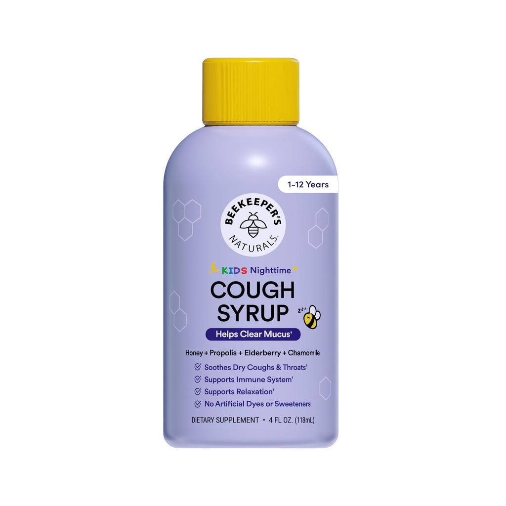 Propolis Honey Cough Syrup notte per bambini Immune Support with Propolis, Elderberry & Raw Honey - Supporto per il sonno con camomilla & L-theanine - Gluten Free, 4 oz.