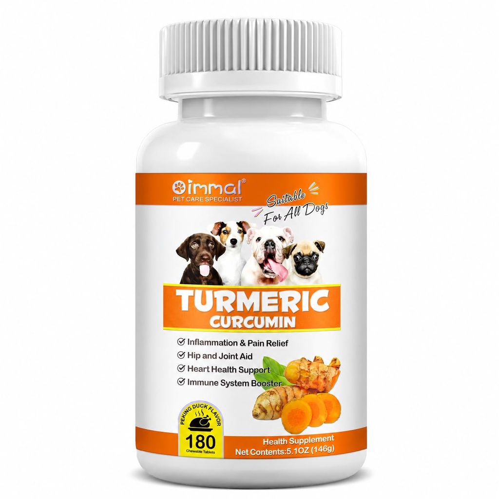 Curcuma per cani – 180 Conte Tablet Trattamenti con Curcumina & Piperine – Salute comune, Mobilità, Allergy & Itch Relief, Skin & Coat, Hot Spots – Duck Flavor con olio di salmone