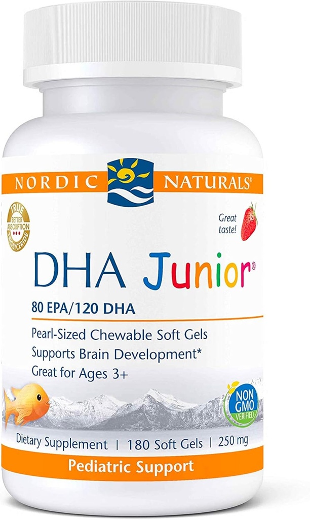 Nordic Naturals Pro DHA Junior, Fragola - 180 Mini Gel Morbidi Masticabili - 250 mg Omega-3 totali con EPA & DHA - Sviluppo del cervello & Funzione visiva - Non OGM - 45 Serve