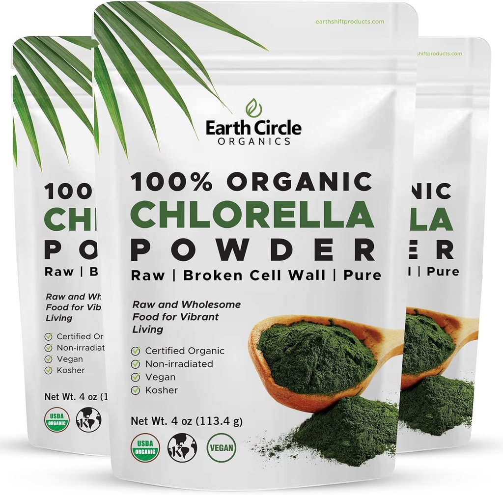 Earth Circle Organics Organic Chlorella Powder Superfood | Kosher | Clorofilla della parete cellulare rotta, Vegan, Super Green Algae, Clean Chlorella, High in Protein, Fiber & Aminoaci - 4oz (3 Pack)