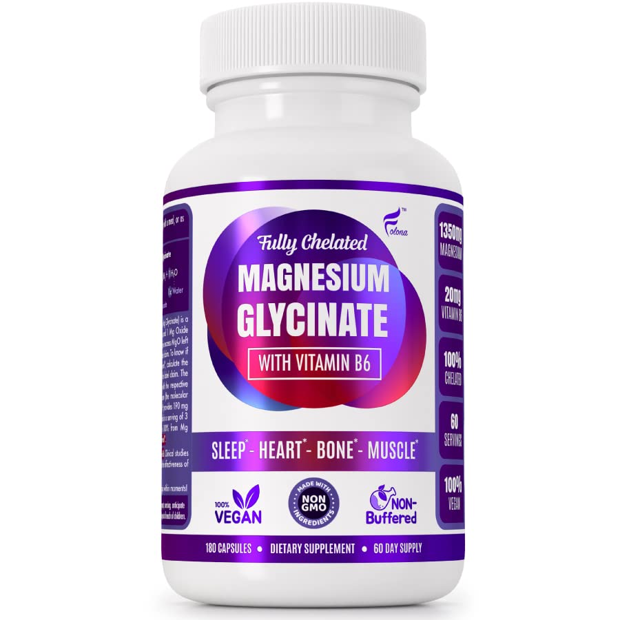 Glicinato di magnesio con vitamina B6 Ricerca dimostrato per aumentare l'assorbimento, 1350mg Fully Chelated - Supporta sonno, stress sollievo, energia, crampi muscolari - Gluten Free, NonGMO, 180 capsule vegane