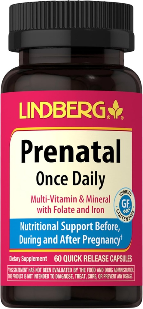 Vitamine Prenatali Lindberg per Donne | 60 capsule | Multivitaminici e Minerali con Ferro e Acido Folico | Supplemento giornaliero | Non OGM, Gluten Free