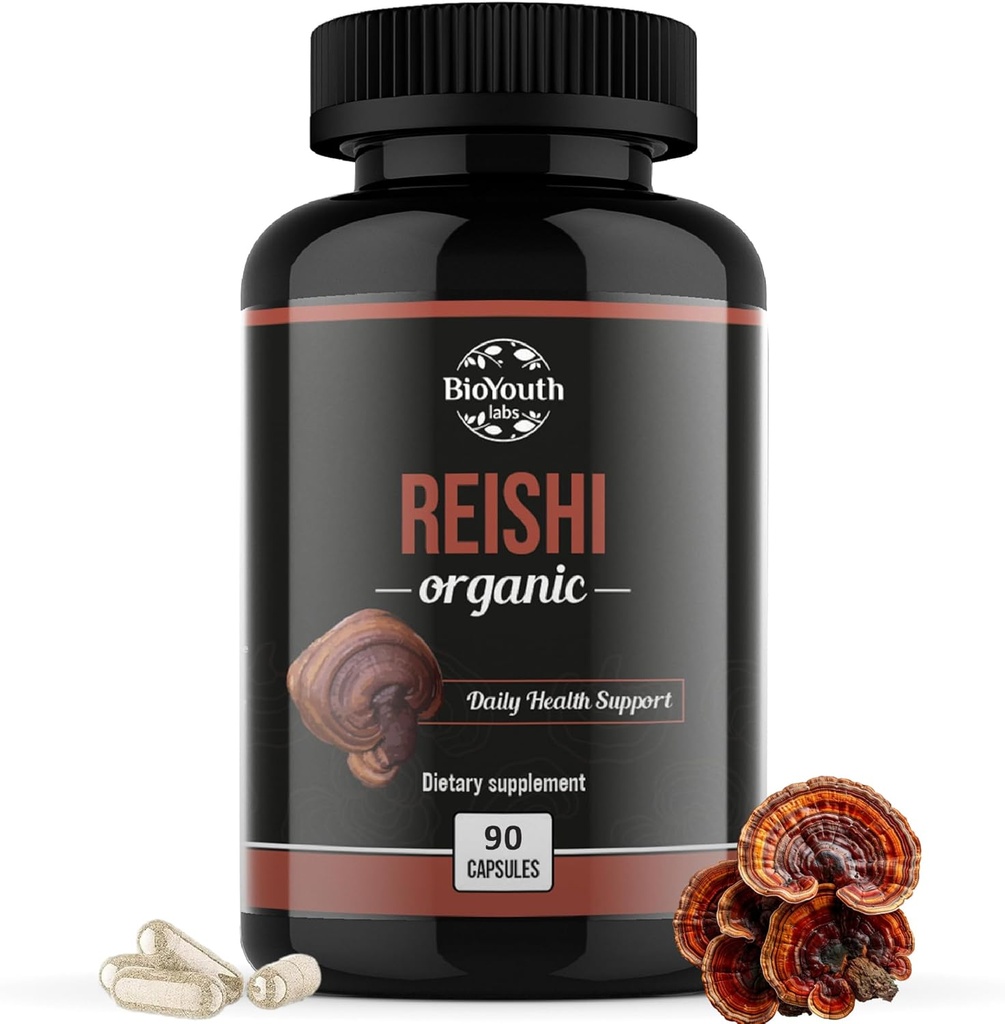 Organic Reishi Mushroom Capsule Supplemento | Non-GMO & Allergeni-Free | 90 Capsule (1-Mese di Alimentazione)
