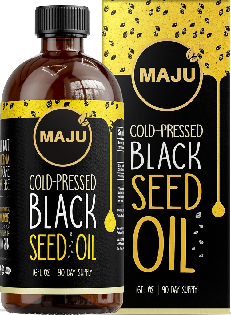 Olio di semi nero di MAJU 16oz: 3X Thymoquinone, pressato a freddo, 100% Turco Cumin Nero Nigella Sativa Olio di semi (meglio che organico), Non OGM, 100% Liquido Pure Blackseed Oil, Bottiglia di vetro
