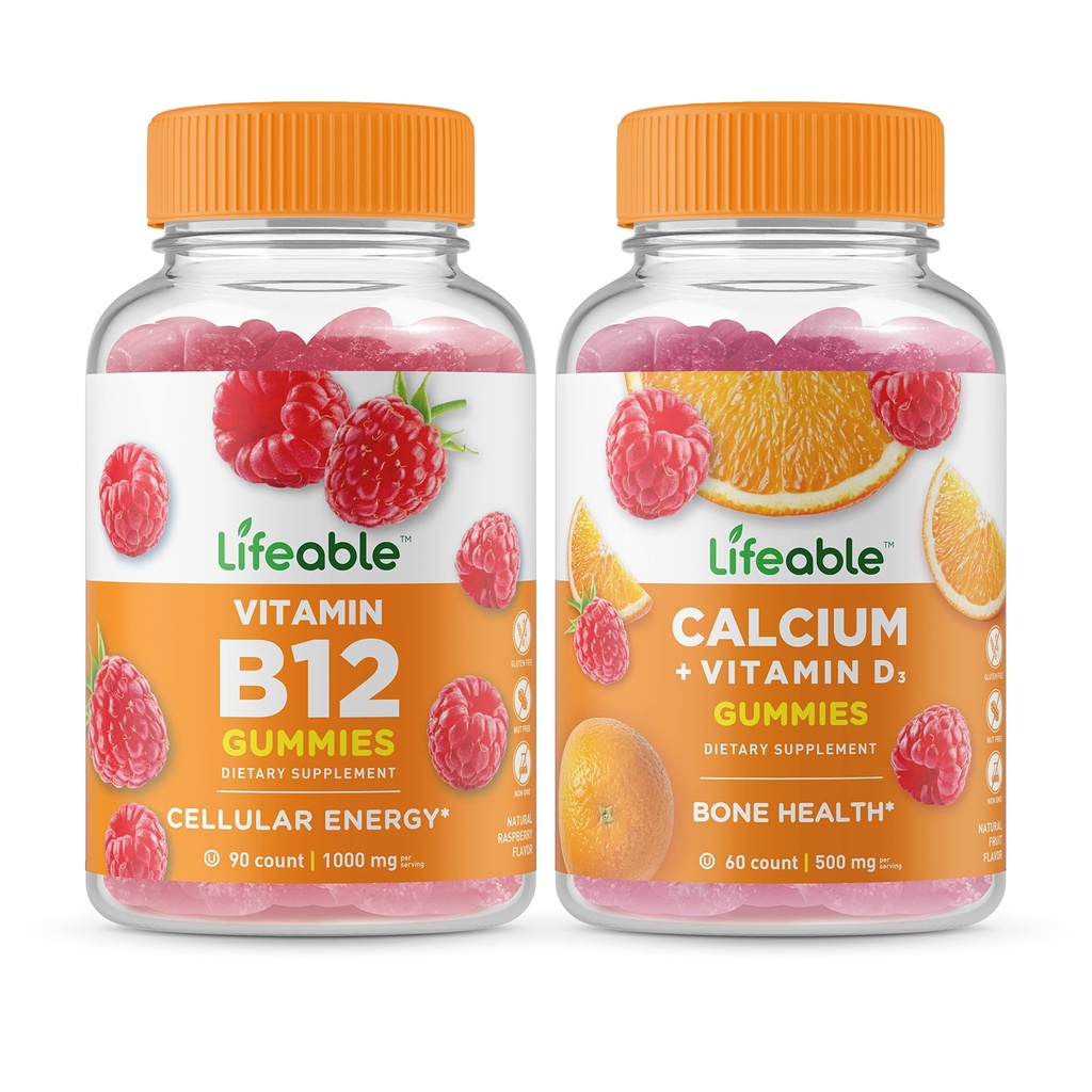 Vitamina vitale B12 + Calcio con vitamina D, Gummies Bundle - Grande Degustazione, Integratore di vitamina, Senza glutine, OGM Libero, Masticabile