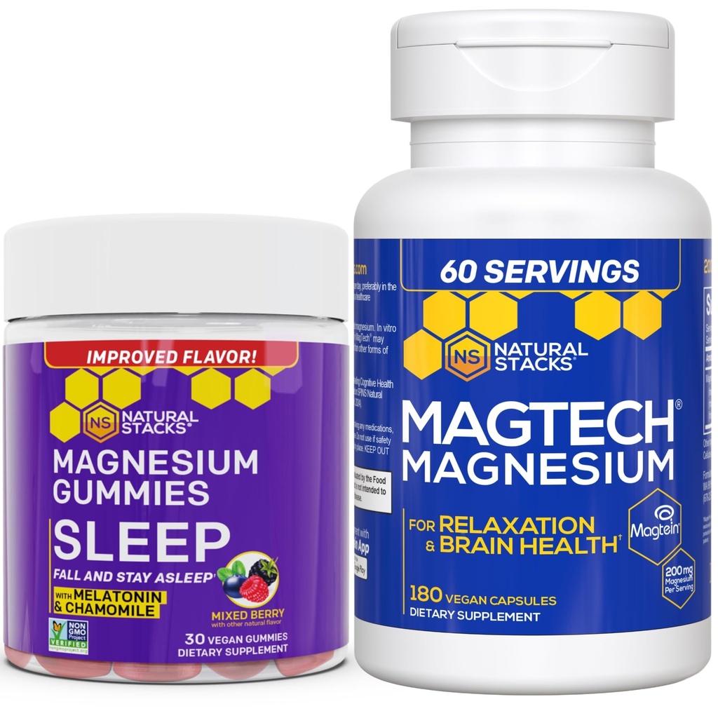 Stacks naturali Magtech Magnesio + Sonno Magnesio Citrato Gummies Bundle - 4 Forme di Magnesio - Supporti Rilassamento e Salute Del Cervello* - 210 Pezzi