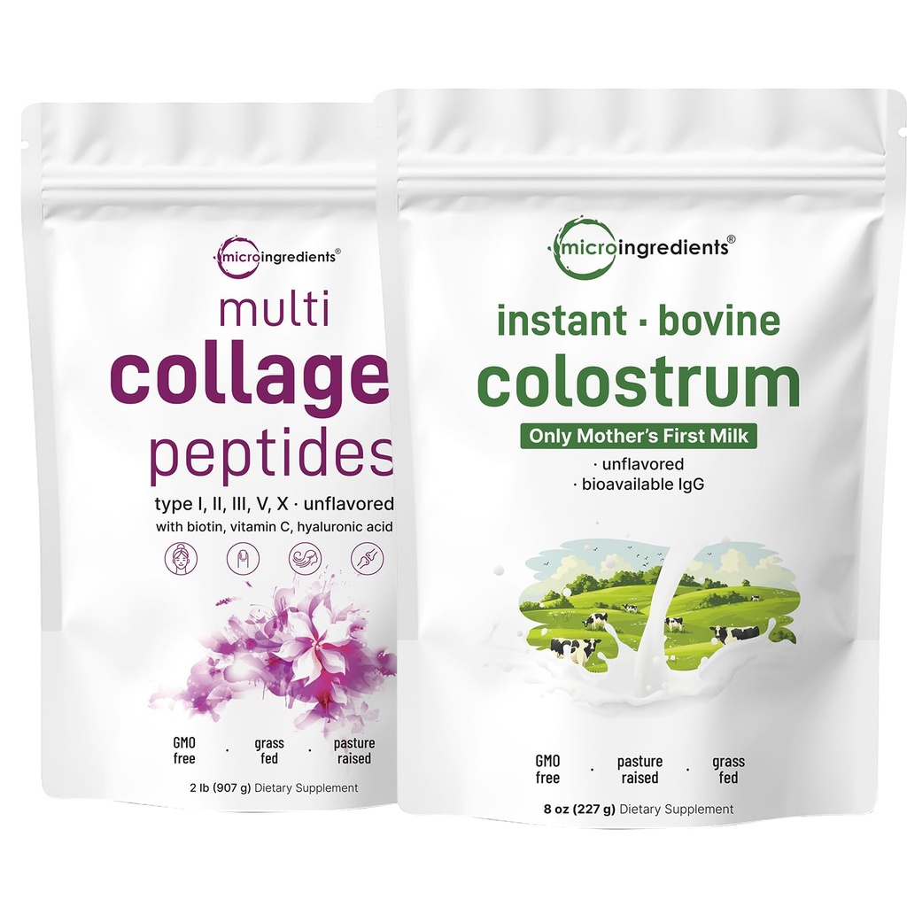 Micro Ingredienti Multi Collagen Protein Powder 2 Pounds & istantanea Colostrum Powder Bundle 2 Pack | Peptidi di collagene a base di erba | Prima Latte di madre di Bovini Premium