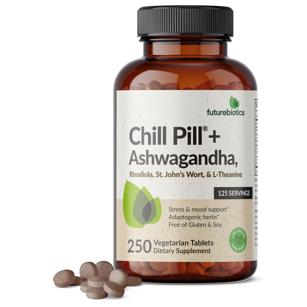 Futurebiotics Chill Pill + Ashwagandha, Rhodiola, St. John’s Wort, & L-Theanine - Non-GMO, 250 compresse vegetariane