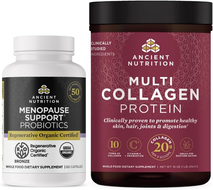 Probiotici certificati biologici rigenerativi per la menopausa, 60 conte + polvere proteica multi collagene non aromatizzata, 45 Serve