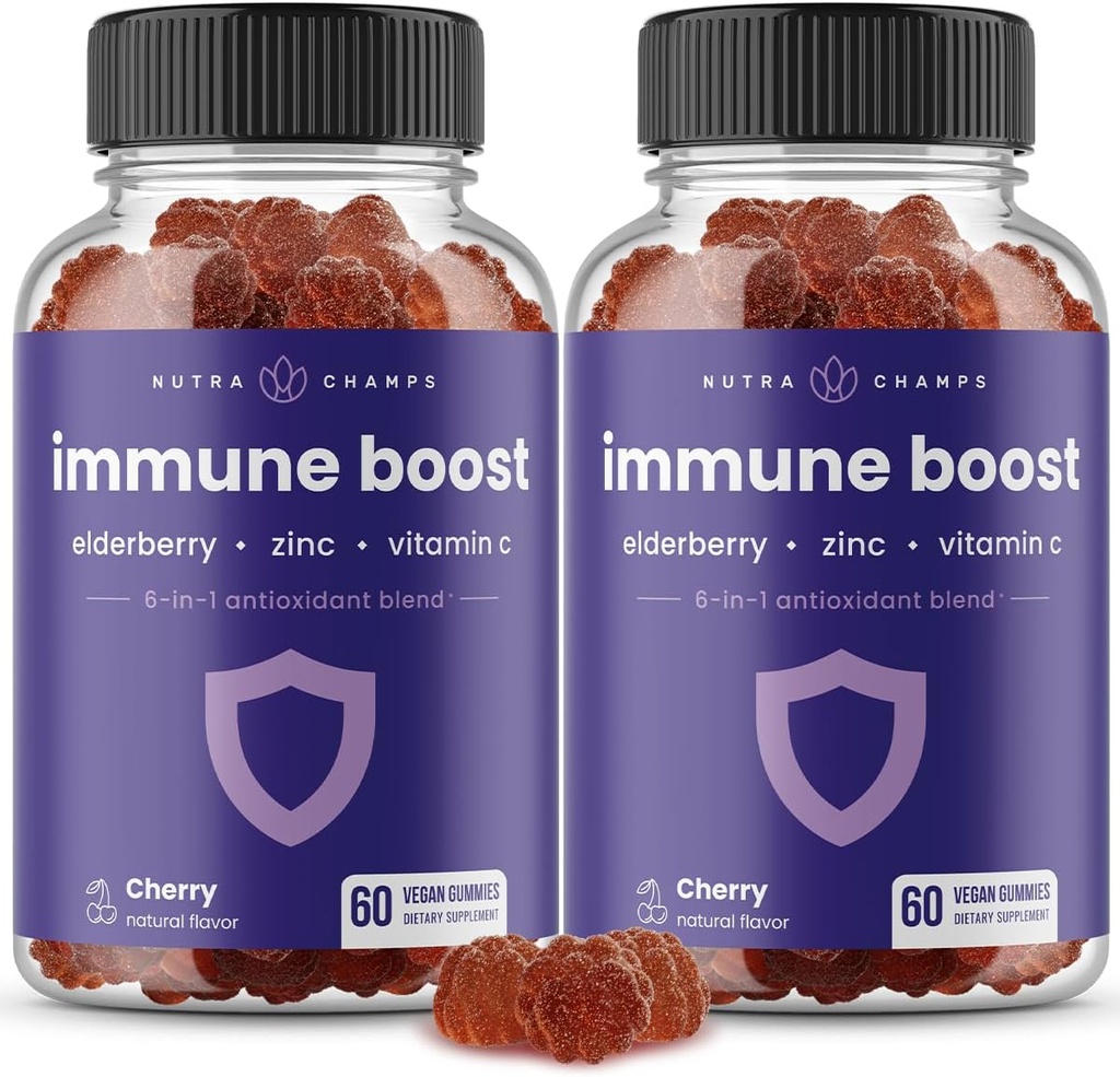Supporto immunitario Gummies | Potente Miscela di Elderberry, Vitamina C, Zinco, Echinacea, Astragalus Root & Ginger | Booster immuni per adulti e bambini Supplemento | Vegan & Non-GMO | Cherry | 60 Ct (2 Pack)