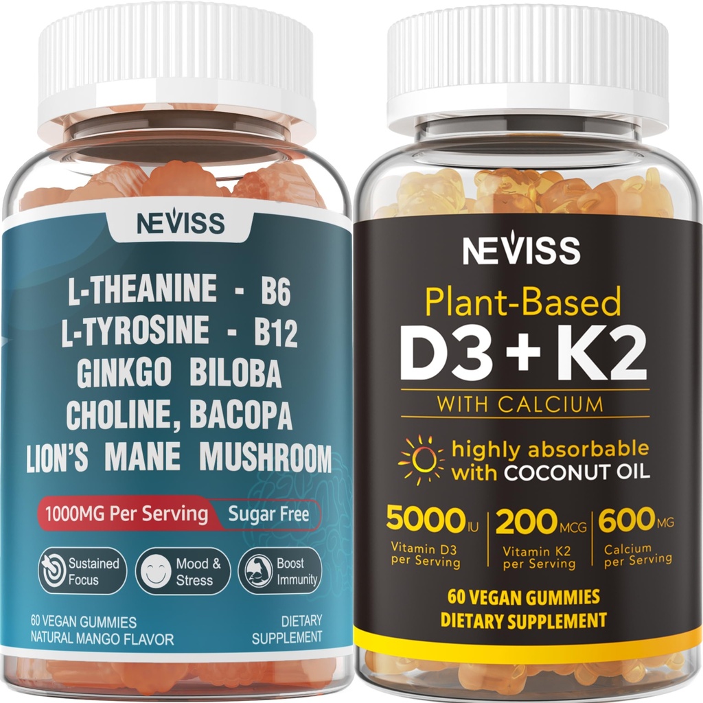 NEVISS Sugar Free L-Tyrosine L-Theanine Gummies 120 conti + Sugar Free D3 5000IU K2 Gummies 120 conti