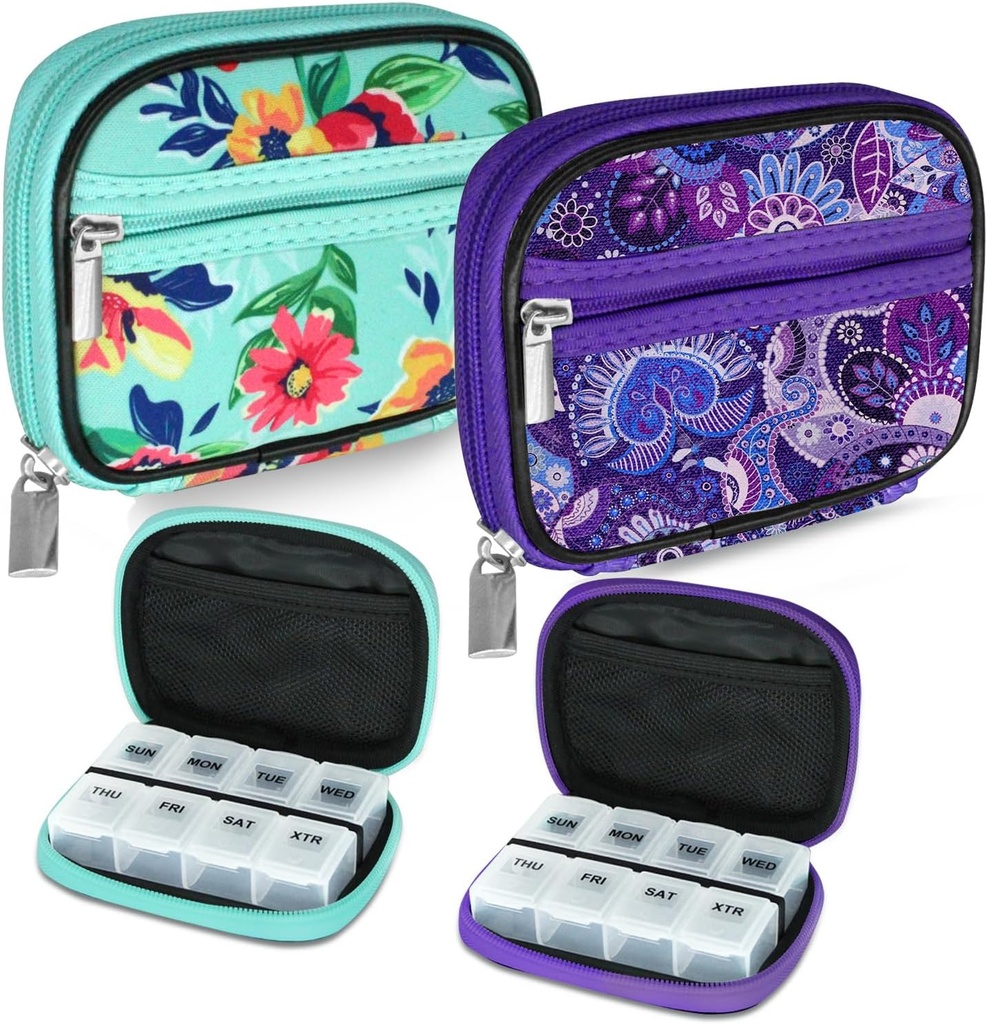 Serfeymi Weekly viaggio Pill Organizer caso per la borsa con rimovibile 7 giorni Pill Box, Fashionable Travel Medicine Organizer Pill Container per Medicina, Vitamina, Supplemento - Verde 01 + Viola 01