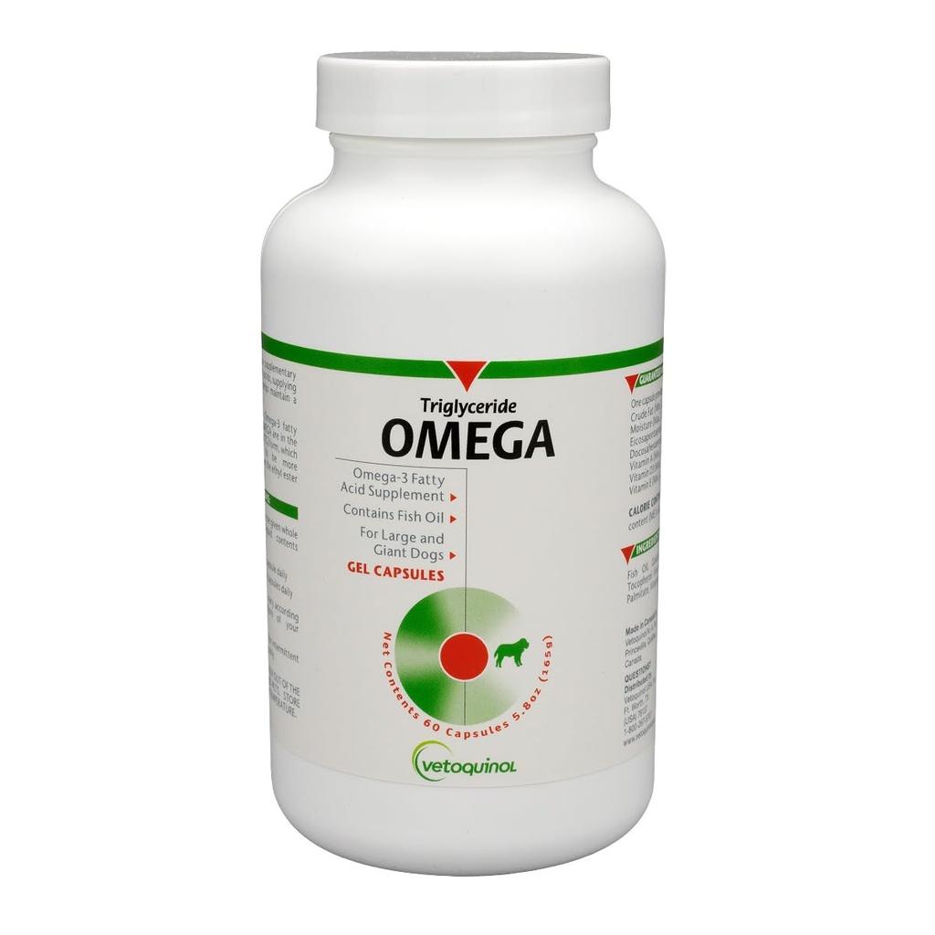 Vetoquinol Triglyceride Omega 3 supplemento per cani di grandi dimensioni, supplemento di olio di pesce del cane con EPA e DHA, promuove pelle, cappotto, giunto e salute immunitaria, olio di pesce Omega 3 per cani 60lbs o più, 60ct