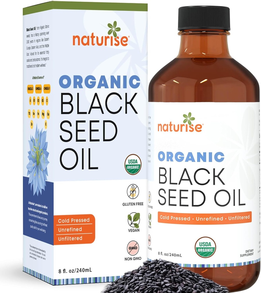 Olio di semi neri organici (Nigella Sativa, Cumin Seed) Pressato a freddo Non OGM, 8 oz bottiglia Fonte di acidi grassi essenziali, Omega 3 6 9'