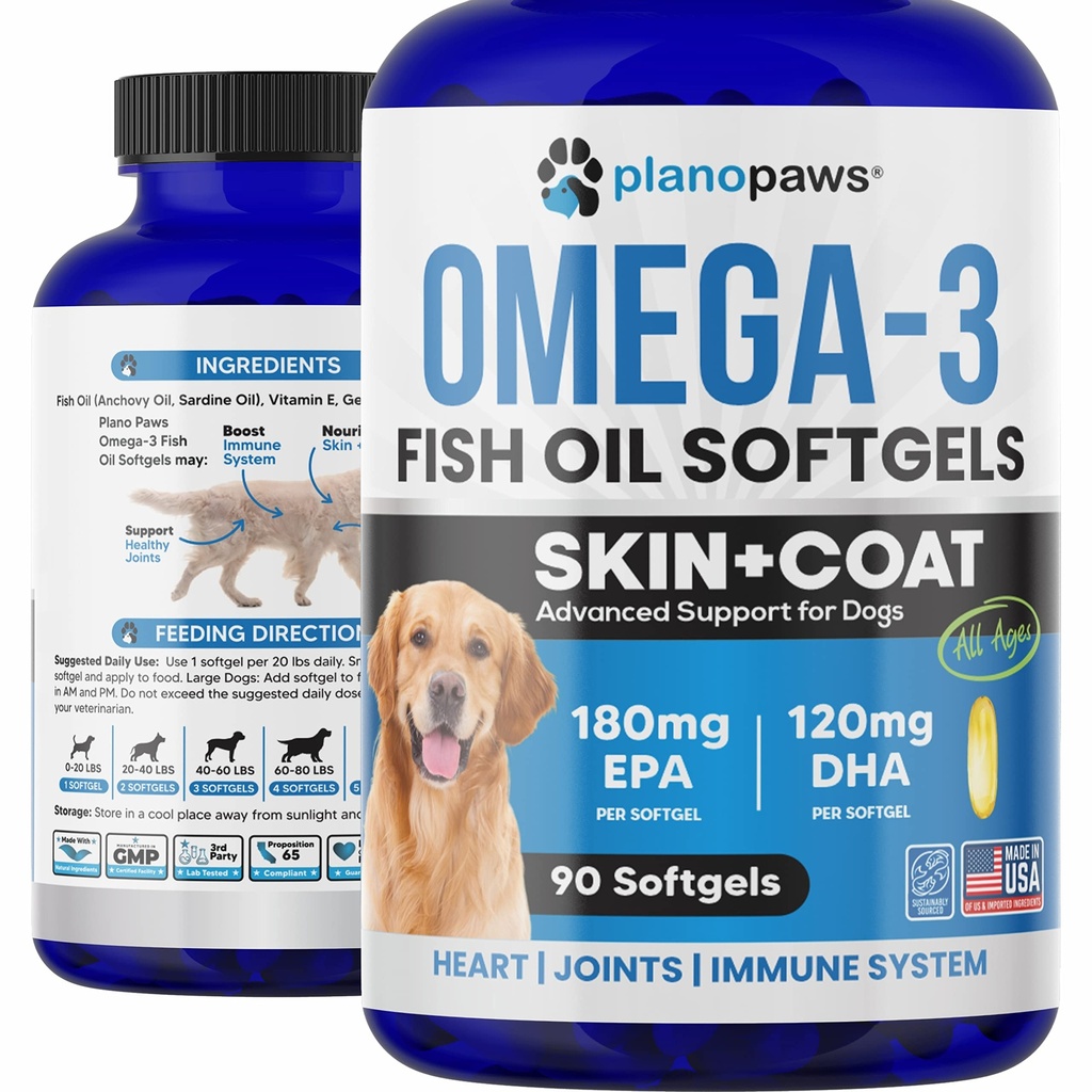Olio di pesce Omega 3 per cani - Olio di salmone per cani - Supplemento di olio di pesce di cane può aiutare spargimento, allergia, sollievo di Itch - Supporta pelle secca, articolazioni - Supplemento di pelle di cane e cappotto - 90 Pillole di olio di pesce EPA DHA