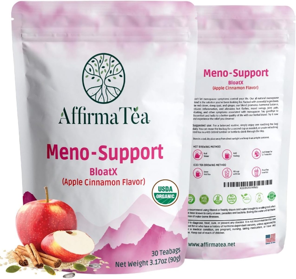 Meno-Support BloatX Organic Menopause Rilievo: Balances & Supports Hot Flashes, Ormoni, Moods Swings, Night Sweats, & Bloating W/Black Cohosh, Red Clover & Dong Quai. Sapore naturale di mela-cinnamone.