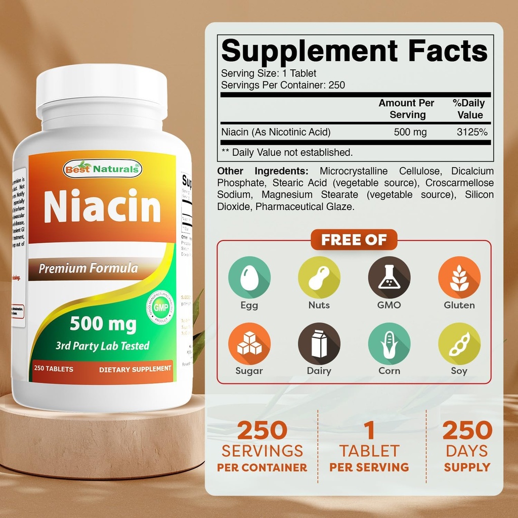 Migliori naturali Niacin 500mg 250 compresse con Flushing - anche chiamata vitamina B3 (250 conteggio (pacchetto di 2))