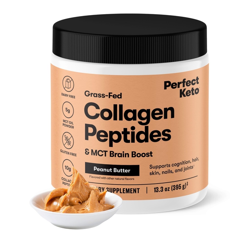 Polvere di proteine di peptidi del collagene di Keto perfetta con olio di MCT, collagene idrolizzato, supplemento di tipo I & III, erba senza glutine Fed, basso carb, crema di caffè Keto, collagene per le donne e gli uomini, burro di arachidi