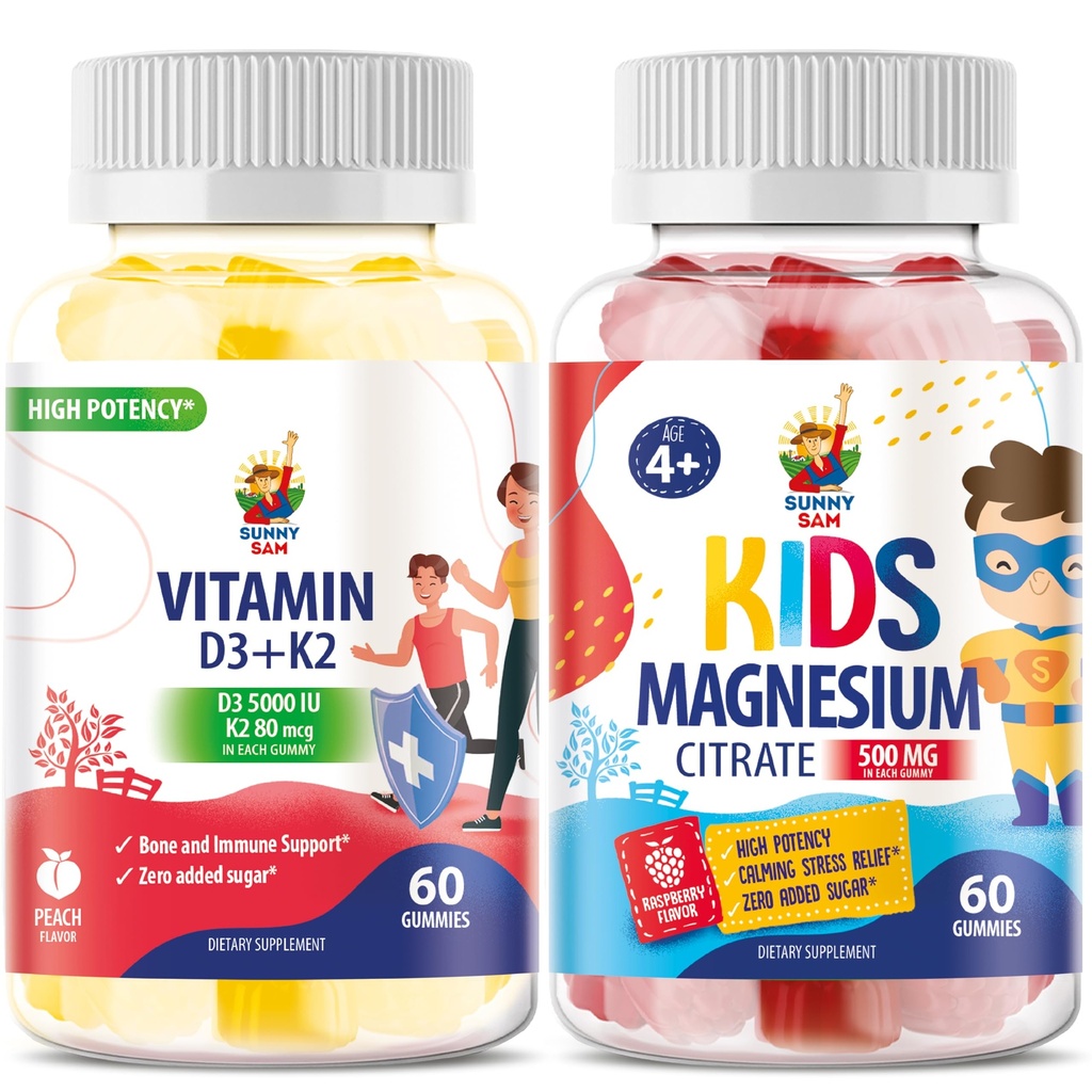 Gummie di Magnesio per bambini e vitamina D3 K2 Gummies 5000 IU - Supporto Immune & Bone - Integratore di pancia di vitamina D senza zucchero - Alto assorbimento, Vegan, Gummie senza glutine per adulti