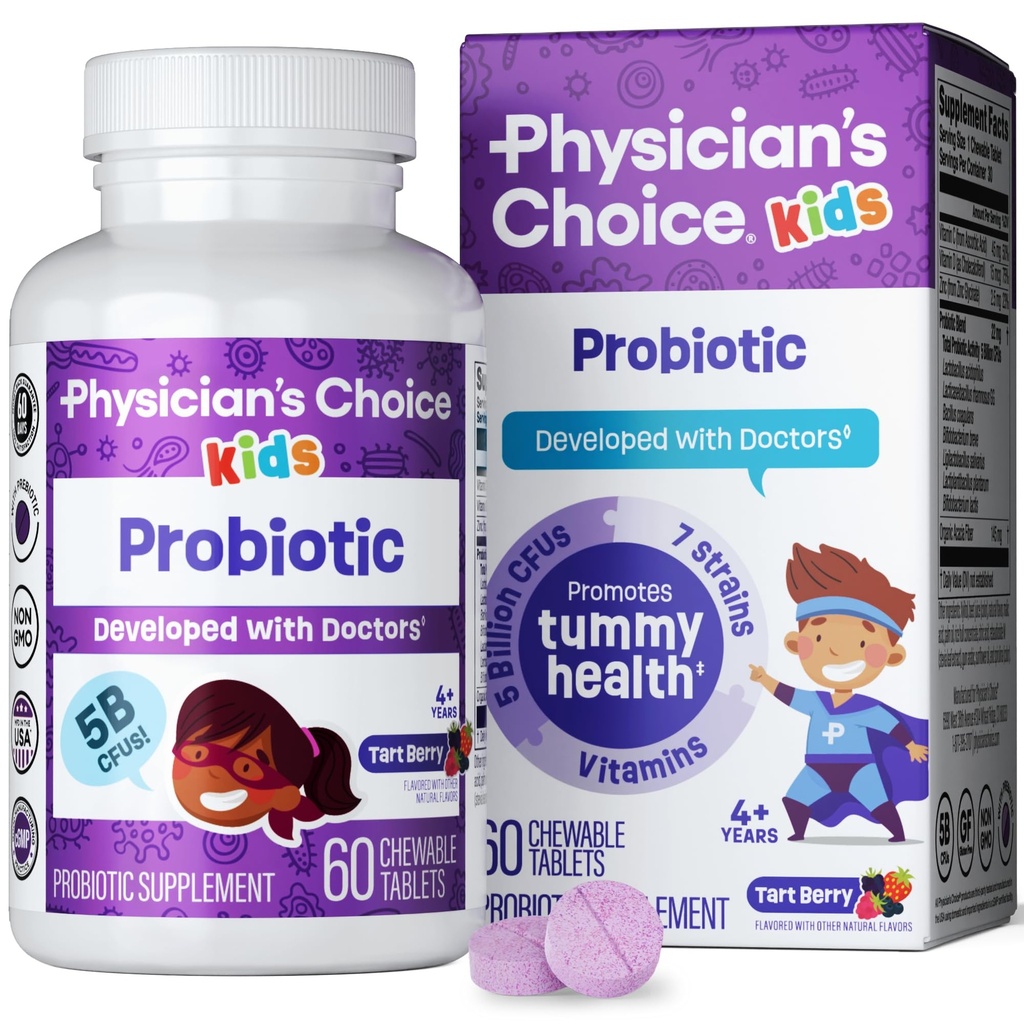 Probiotici CHOICE del medico per i bambini - 7 Strains Diverse, Prebiotici Organici, Vitamine & Minerali - Studi Clinicamente L. Rhamnosus - Supporto Immune & Digestivo - Senza Disegni Zuccheri o Artificiali - 60ct