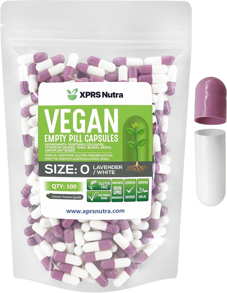 XPRS Nutra Size 0 Capsule Vuote - 100 Count Empty Vegan Capsule - Pillole Vegetariane DIY Capsule Vegetali Riempimento - Capsula Pillola Veggie per Do-It-Yourself Supplements (Lavender/White)