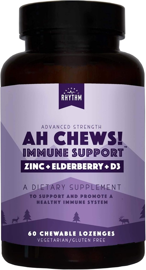 Naturale Rhythm Ah Chews! Immune Booster Lozenges per bambini e adulti, senza aggiunta di zucchero, con Elderberry, Zinc & Vitamin D3, 60 capsule