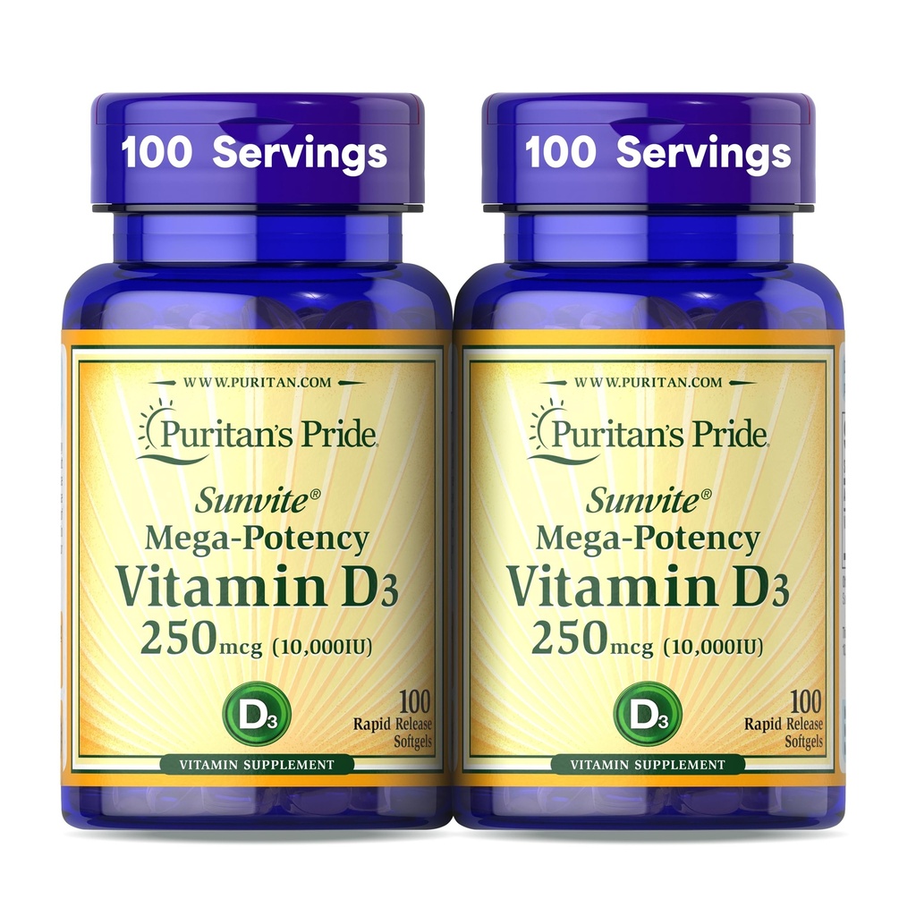 Puritan Pride Premium SunviteTM Mega-Potency Vitamin D3 10.000 IU, Integratore alimentare per Bones sani, denti e supporto del sistema immunitario, 100 Softgel a rilascio rapido