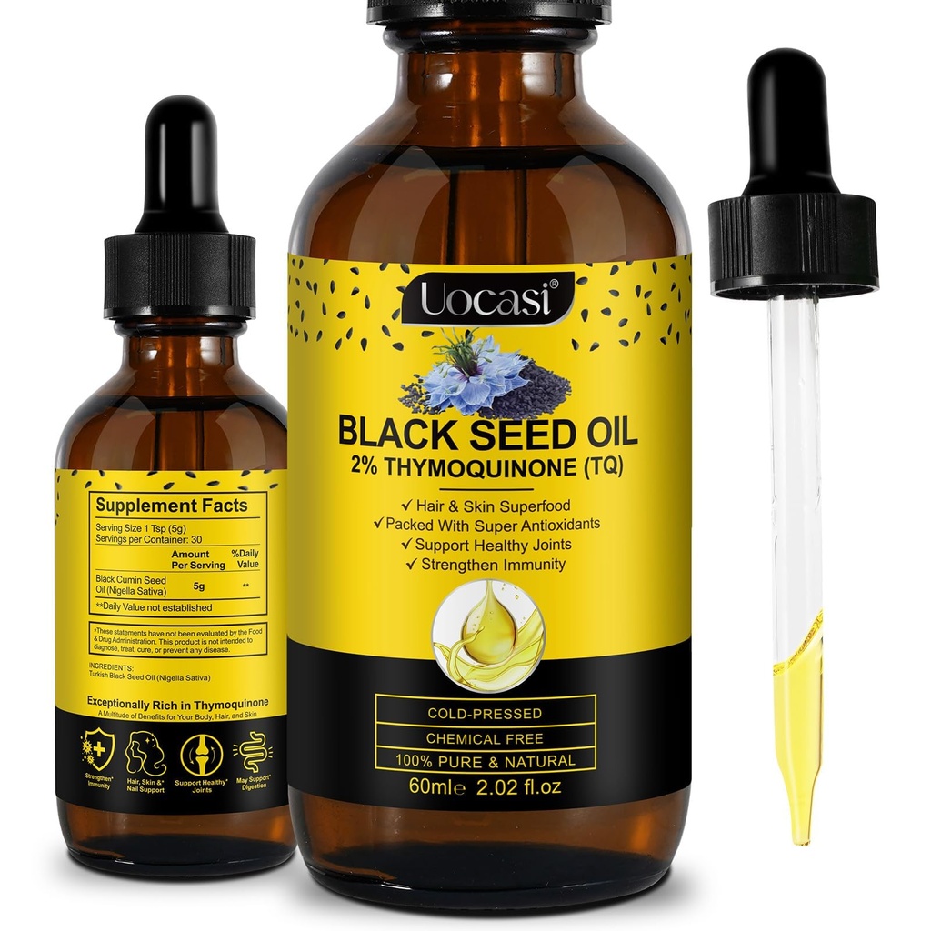 Olio di semi neri Uocasi, Pressato a freddo, 100% puro & naturale, Crescita dei capelli & cura della pelle, 2.02 Fl Oz