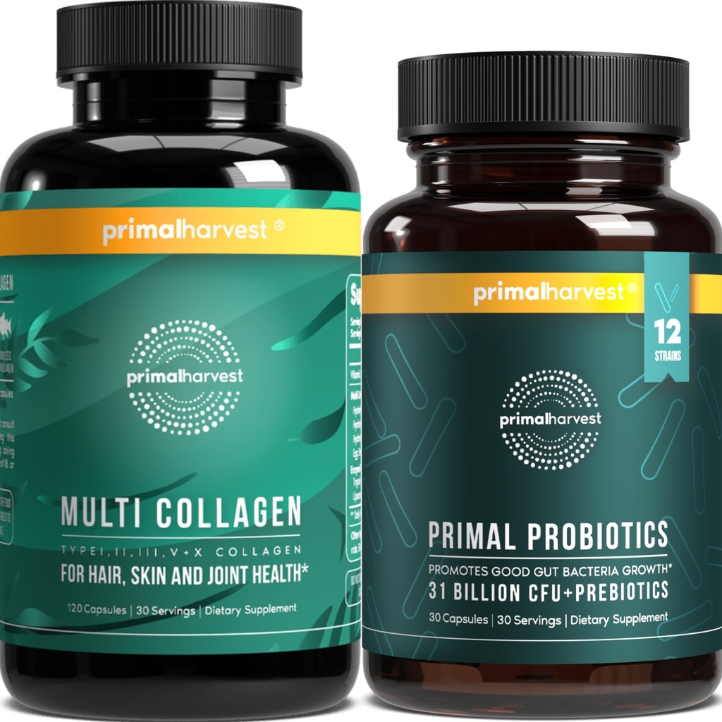 Probiotici di Vendemmia Primale & Multi Collagen Integratori per Donne e Uomini Pre e Probiotici con 31 miliardi di CFU e Collagen Peptides Pillole