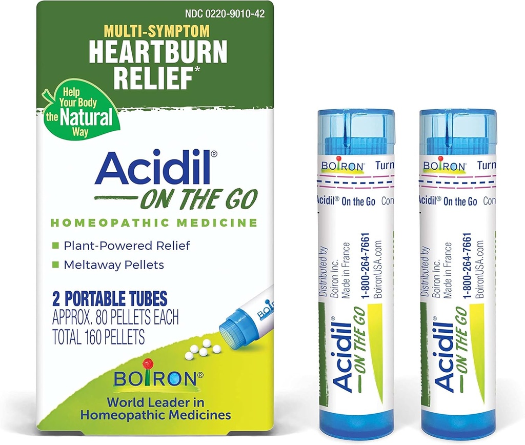 Acidil di Boiron sul viaggio Go Essenziale per il sollievo del riflusso acido, bruciore di stomaco, indigestione, Bloating e Upset Stomach - 2 Conte (160 Pellets)