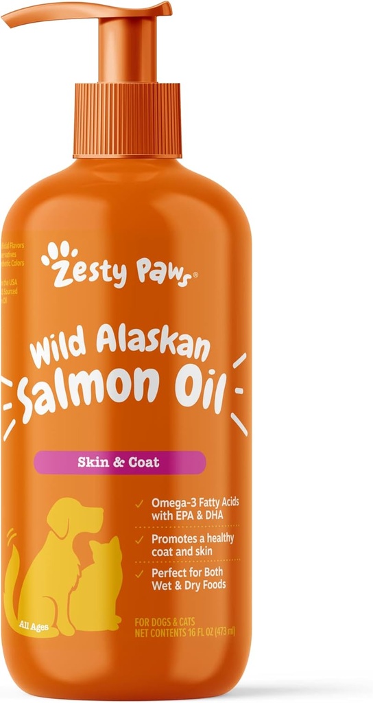 Zesty Paws Wild Alaskan Salmon olio per cani e gatti- pelle e cappotto sostegno, Omega 3 supplemento per gli animali, 16oz, pompa superiore