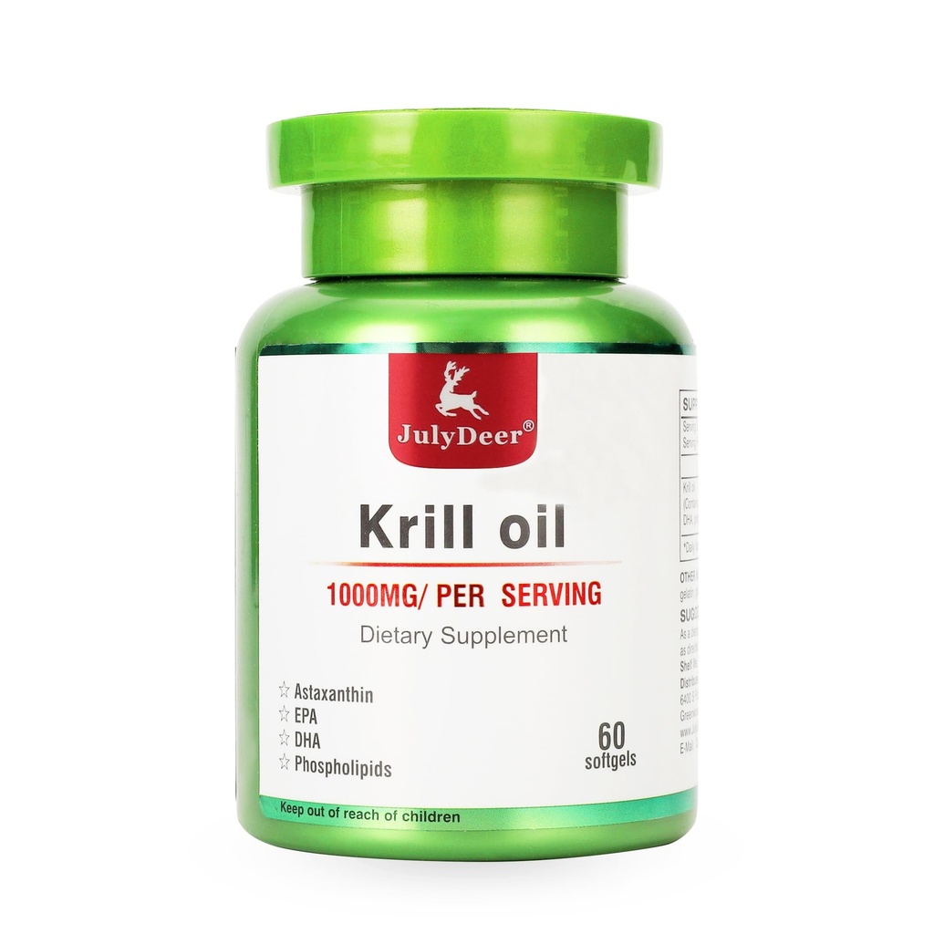 LuglioDeer Antartico Krill olio 1000 mg con Omega-3s EPA, DHA, Astaxantina e Phospholipids 60 Softgels supplemento no Pesceso Aftertaste per Joint, Cuore, Cervello e Immunità