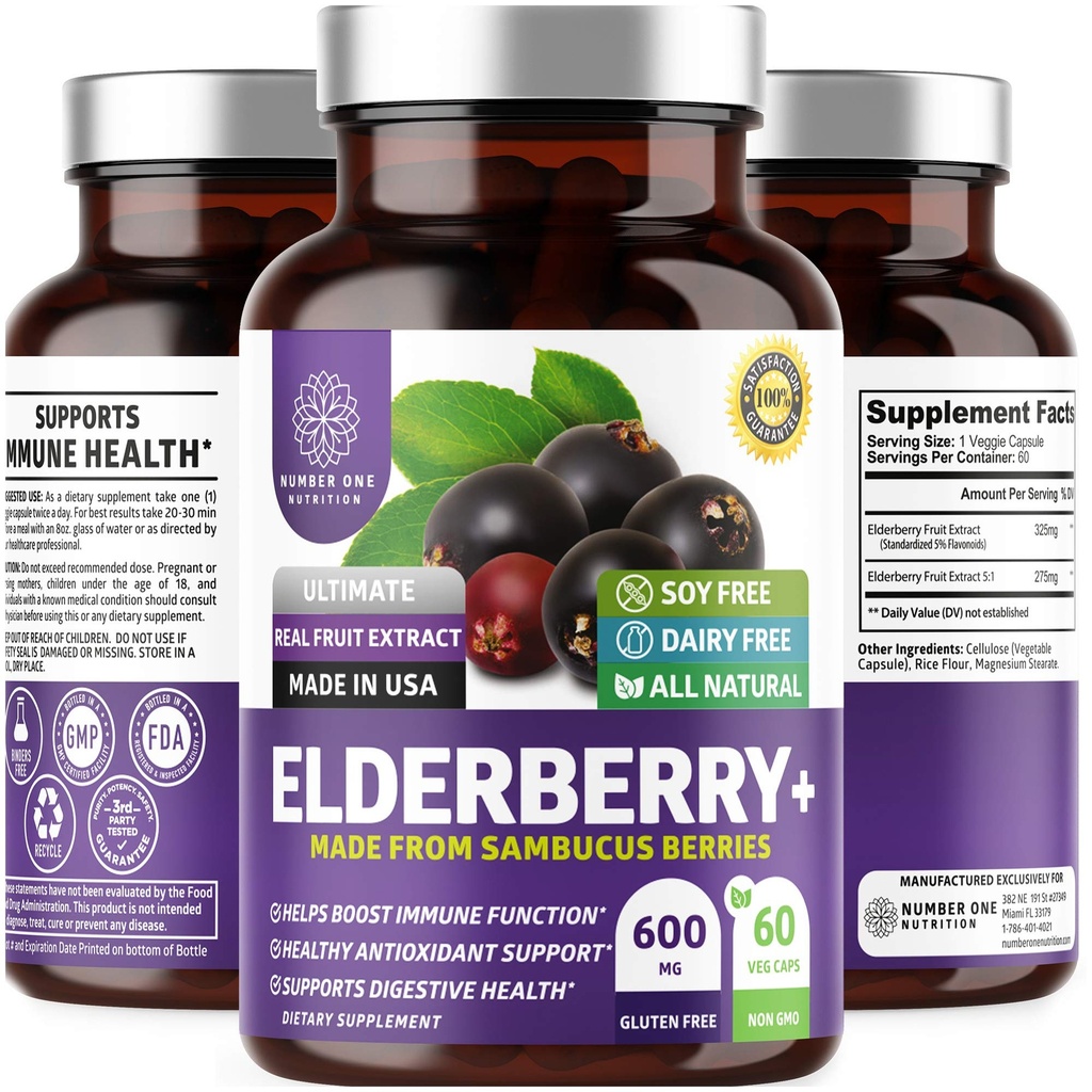 N1N Premium Black Elderberry Capsule per Adulti [Max Strength] Pure e Potent Elderberry da Sambucus Nigra a Support Immunity & Skin Health, Non-OGM, Gluten Free, 60 Veg Caps