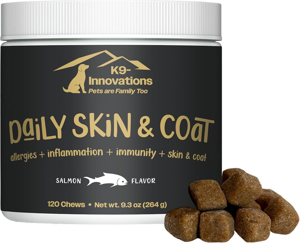 K9-Innovazioni - Crema di Salmone della pelle e dei cappotti giornalieri - Ridurre il prurito & Paw Chewing, Omega 3 & VIT C per la salute della pelle - 1-4 Mese di alimentazione (120qty)