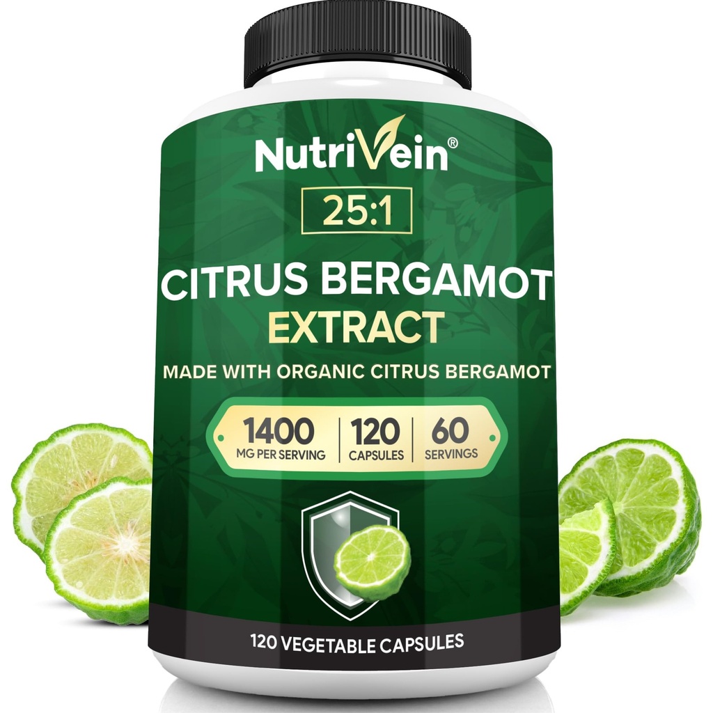 Nutrivein Premium Citrus Bergamot Supplemento 1400mg 25:1 Bergamia Extract - 60 Day Supply (120 Capsule): Potente Citrus Bergamot 1400 mg+ Alta Concentrazione - Cuore e Sistema circolatorio