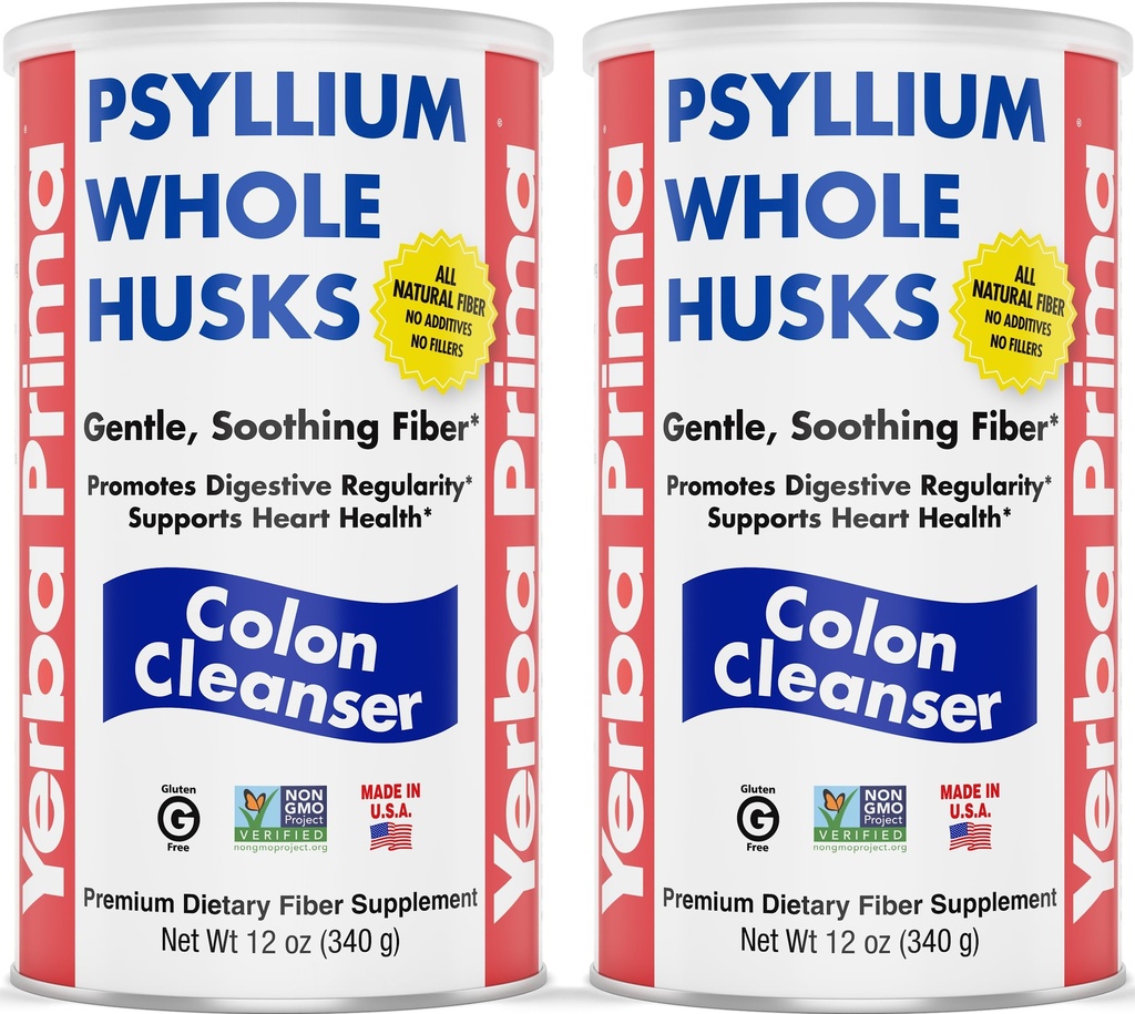 Yerba Prima Psyllium Whole Husks, Colon Cleanser 12 oz (Pack of 2) - Tutte le fibre alimentari naturali, Pure Premium Psyllium, Lab-Tested Non-GMO, Gluten-Free Fiber, Made in the USA