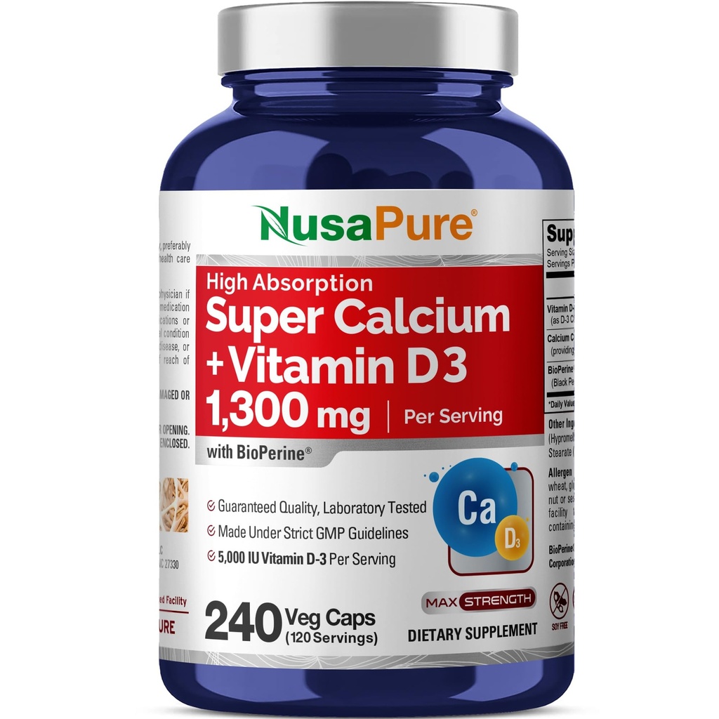 NusaPure Super Calcium 1300mg, Vitamina D3-240 Veggie Caps (Non OGM, Soyfree, Bioperine)