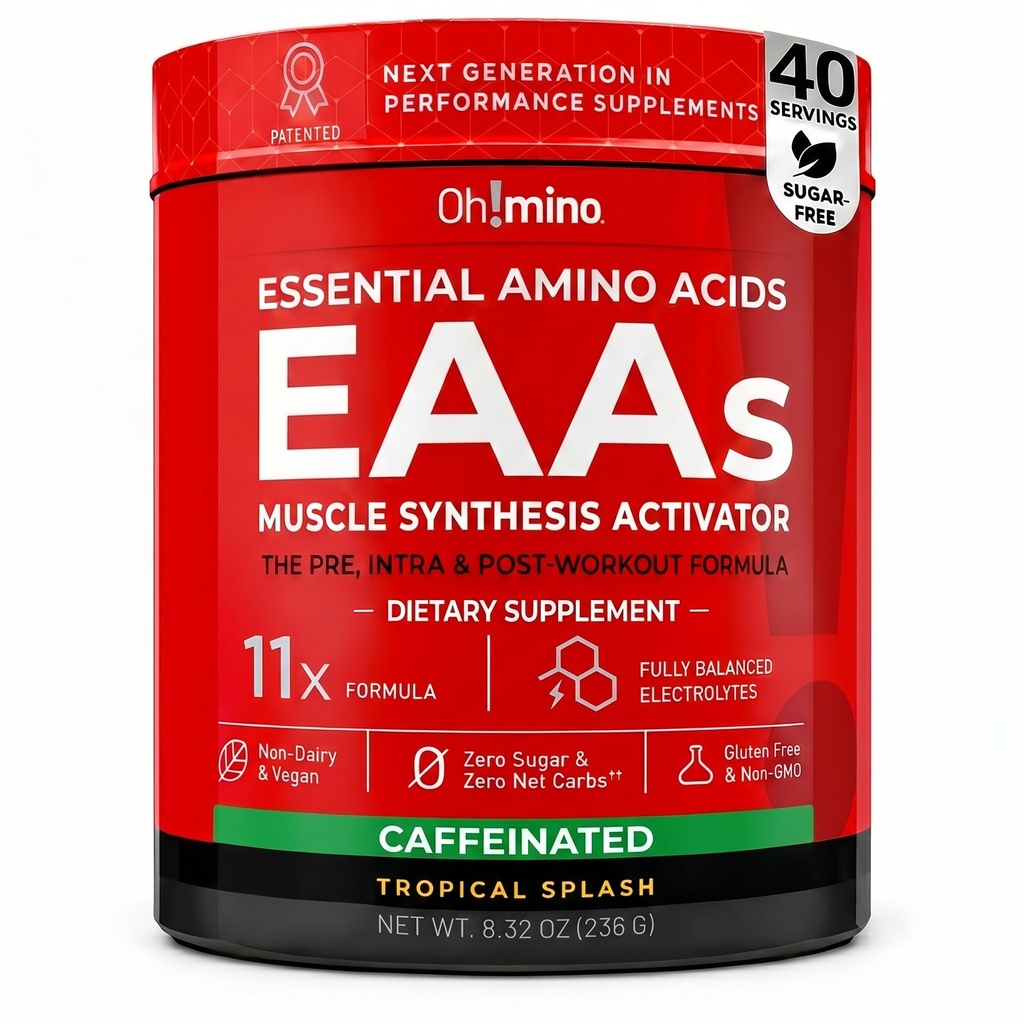 Oh!mino Aminoacidi essenziali supplemento. Splash tropicale, polvere di caffè. Tutti 9 EAA, BCAA e l'ammino perfetto per allenamenti, amino energia, e per costruire il muscolo, e recuperare più veloce.