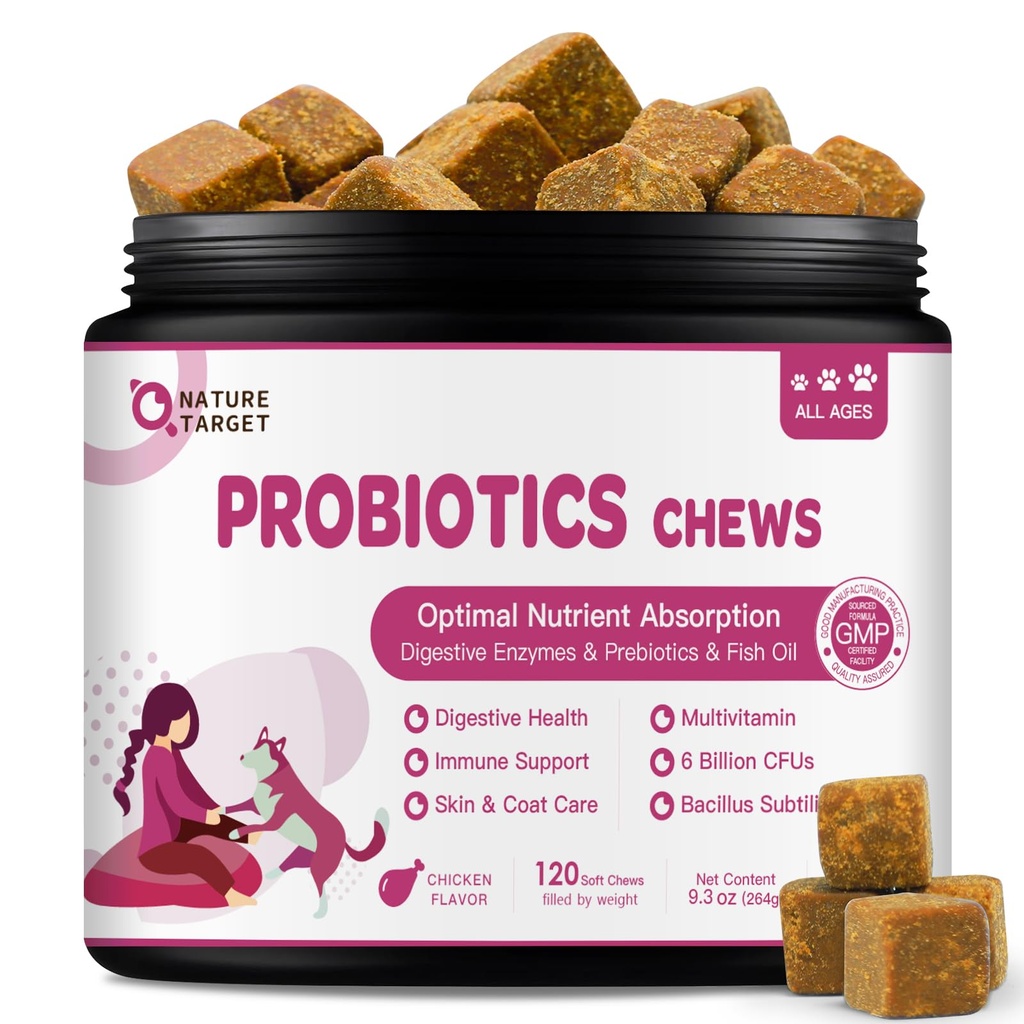 NATURE TARGET Probiotici per cani e enzimi digestivi per la salute digestiva - Plus Fish Oil & Vitamins Supplement per Allergies & Immune & Itchy Skin, 120 Chicken Flavor Probiotic Soft Chews