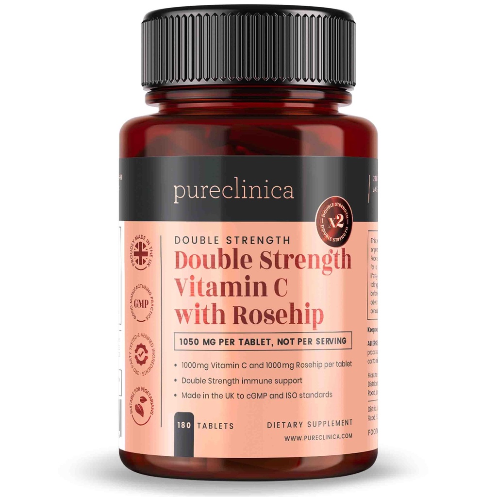 pureclinica Vitamina C con Rosehip – 2000mg (1000mg VIT C & 1000mg Rosehip Extract) x 180 compresse - 6 mesi di alimentazione!