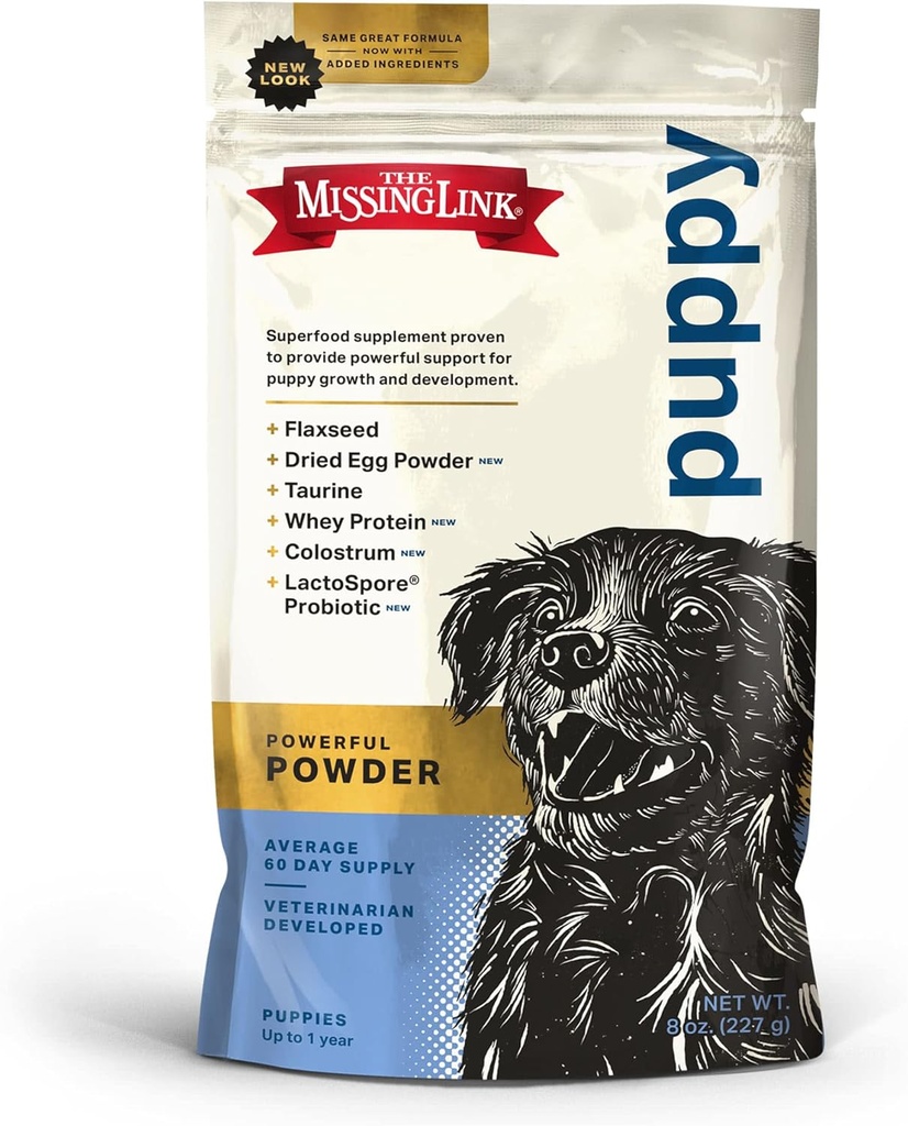 Il supplemento di Puppy 8oz di collegamento mancante – Polvere Superfood promuove la crescita e lo sviluppo, supporta l'immunità, la digestione, le ossa, la pelle e lo strato di cane