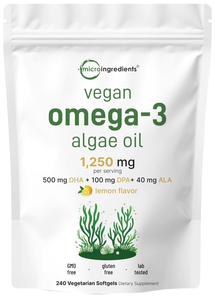 Micro Ingredienti Vegan Omega 3 Algae Oil, 240 Veggie Softgels | Fish Oil Alternative | DHA 500mg & DPA 100mg | Carrageenan Free | Plant-Based Omega 3 con Flaxseed & ALA | Limone aromatizzato