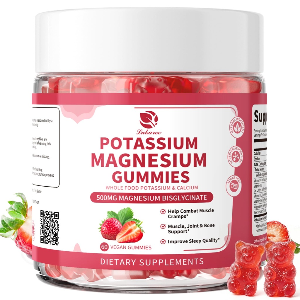 Magnesio Potassio Supplemento Gummies - Nuova formula calma Magnesio Glycinate Gummies & Potassium Citrate 200 mg Più Omega 3, B6, D3, K2 & Calcium per Zzz, Gambe & Muscolo - 120 Conte