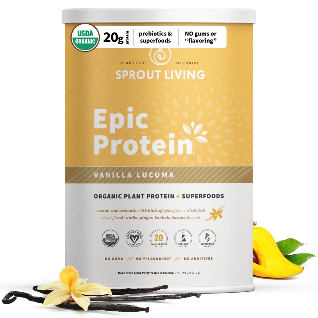 Sprout Living Epic Protein, Plant Based Protein & Superfoods Powder, Vanilla Lucuma Powder | 20 Grams Organic Protein Powder, Vegan, Non Dairy, Non OGM, Gluten Free, Low Sugar (2 Pound, 24 Servings)