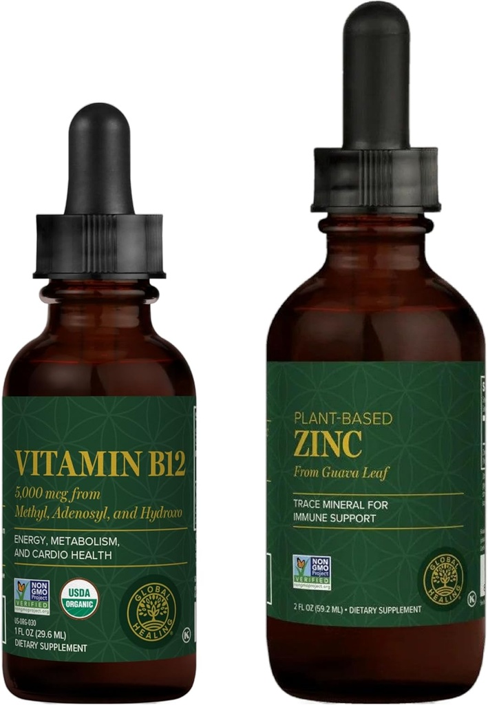 Global Healing Center - Vitamina B12 e Organic Zinc Liquid Supplement Kit - Long-Lasting Energy, Immune System Boost, Ormone Balance