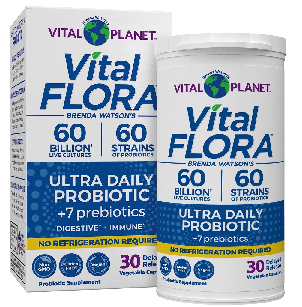 Vital Planet - Vital Flora Ultra Daily Probiotic 60 miliardi di CFU, 60 Diverse Strains, 7 Prebiotici Organici, Supporto Immune, Probiotici Stabili Digestivi per Donne e Uomini 30 Capsule