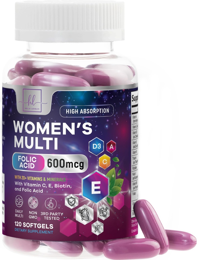 Multivitamina per le donne - Multivitaminici della donna quotidiana con Biotina, Calcio, Acido Folico, Ferro, Zinco, Vitamina A, C, D, Vitamine E & B, Pelle per capelli delle donne e Integratori di vitamine delle unghie - 120 Softgels