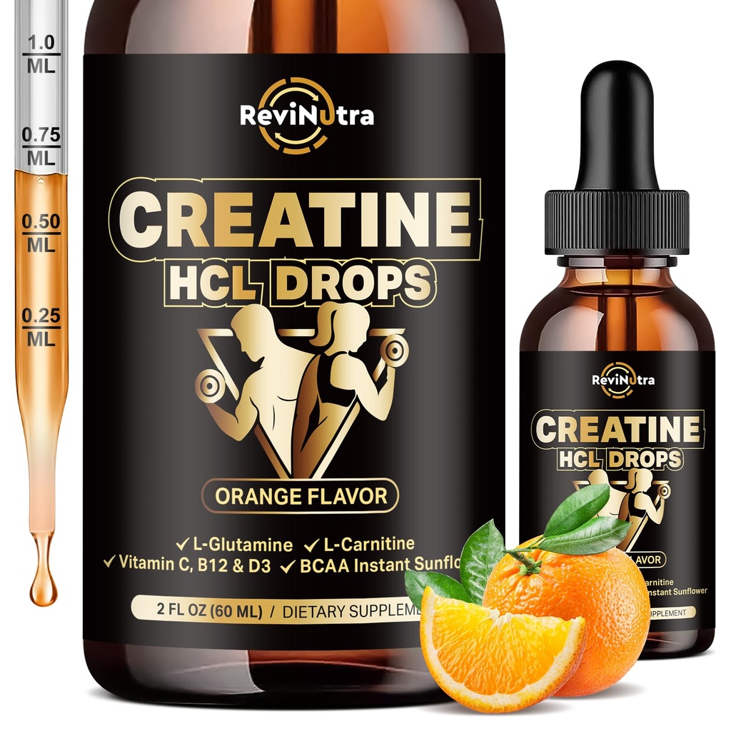 Gocce liquide HCL di creatina per uomini e donne, cloridrato di creatina liquida 1500mg, ad alto assorbimento, aroma d'arancia di 2 Fl Oz